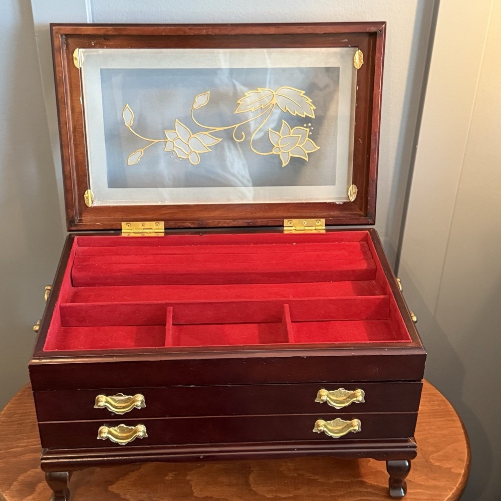 Rosalco Commodore Jewelry Box Chest Wood Etched Floral Glass Top Velvet‎ Vintage - Picture 4 of 12